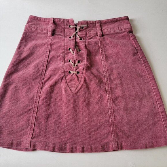 Forever 21 A Line Lace-Up Denim Mini Skirt Back Zip Closure Dark Pink XS - Picture 2 of 10